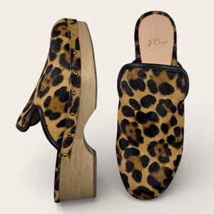 J.Crew Leopard Calf Hair Studded Wedge Mule Clogs NWOT 7.5
